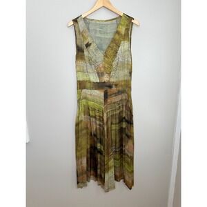 Babette Woman's Midi Dress Green‎ Brown Abstract Print Pleated Sleeveless L
